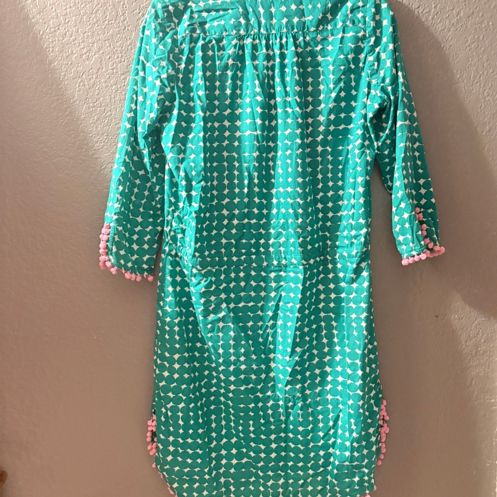 Boden Kelly Green & White Printed Tie-Waist 3/4 Sleeve Dress with Pink Pom Trim - Picture 10 of 13